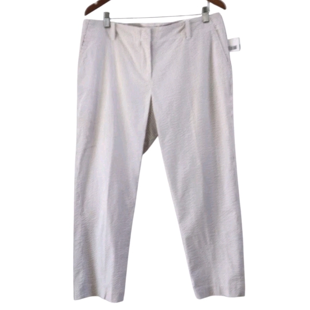 Liz Claiborne Sloane Seersucker White Tan Striped Cropped Ankle Pants Womens 12